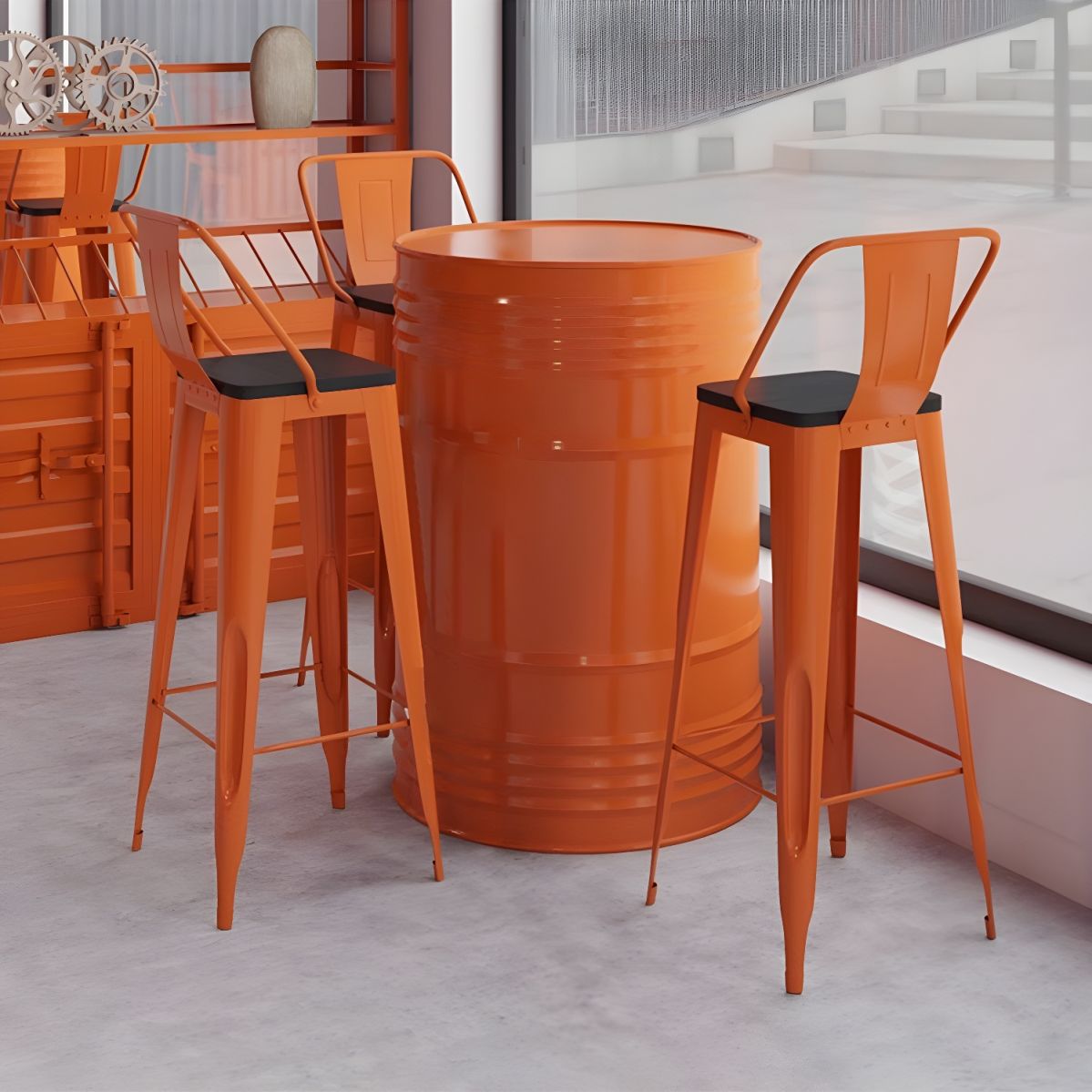 Round Industrial Style Bar Table with Yellow Metal Top and Pedestal ...