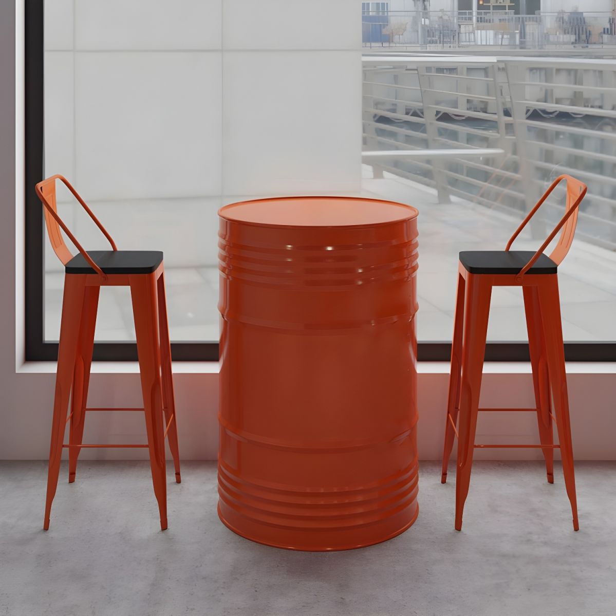 Round Industrial Style Bar Table with Yellow Metal Top and Pedestal ...