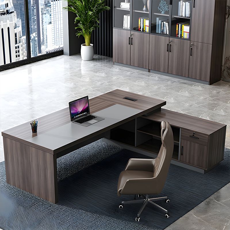 Modern L-Shape Pedestal Office Desk with Locking Drawer, Brown Wood ...