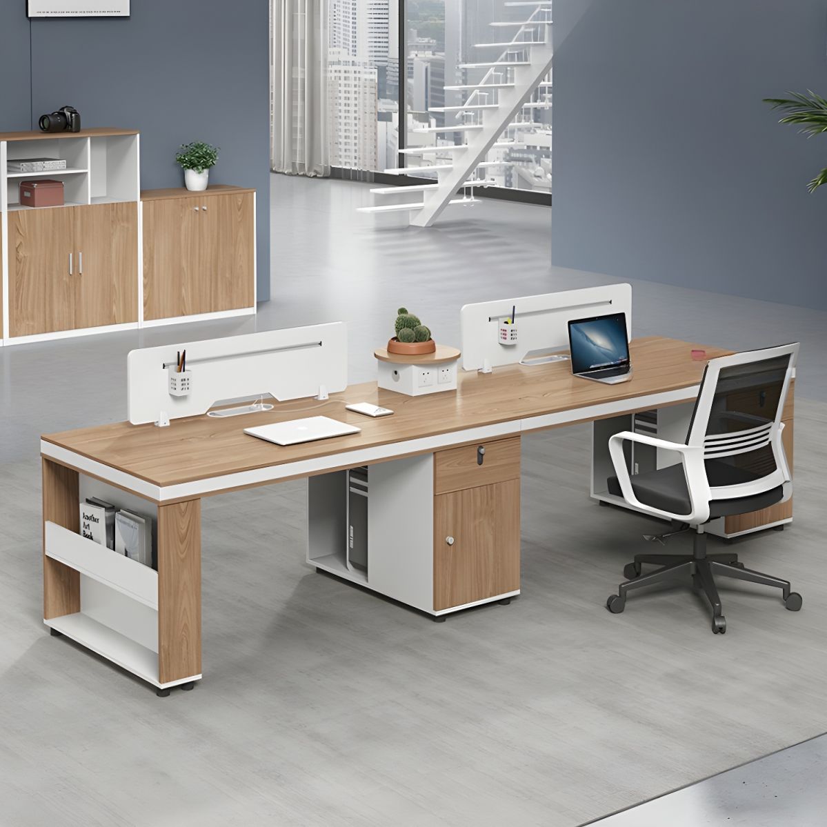 Modern Natural Wood Office Desk with Pedestal Base, Locking Drawer, and ...
