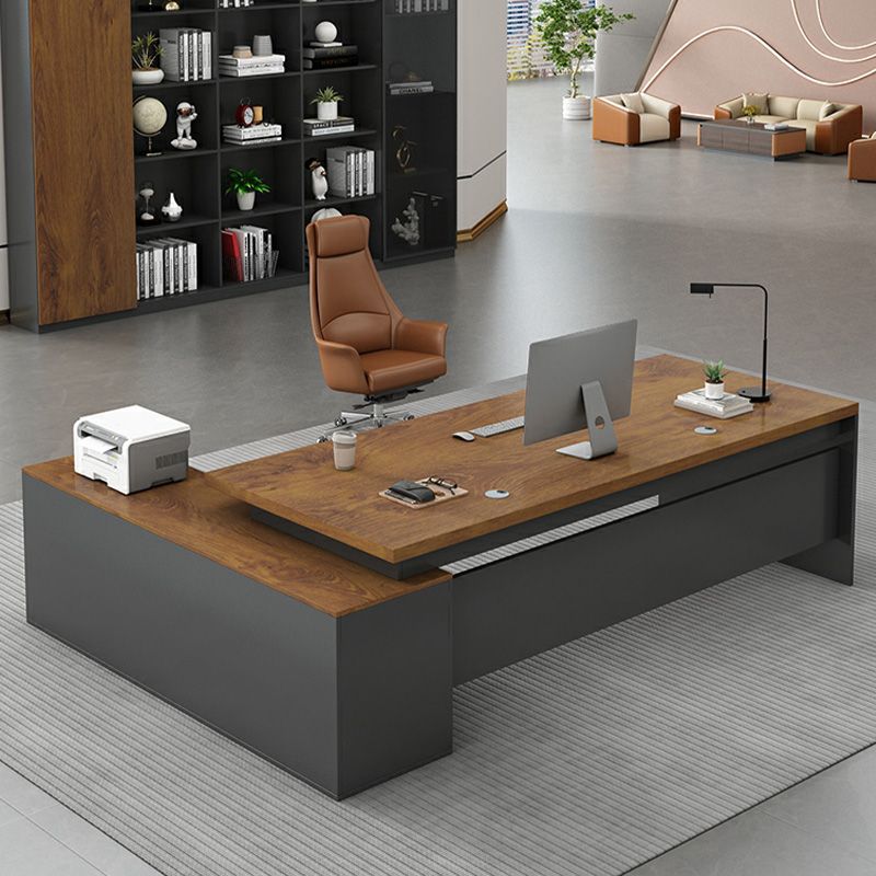 Cable Management L-Shape Wood Brown Executive Desk with Cabinet - 70.9 ...