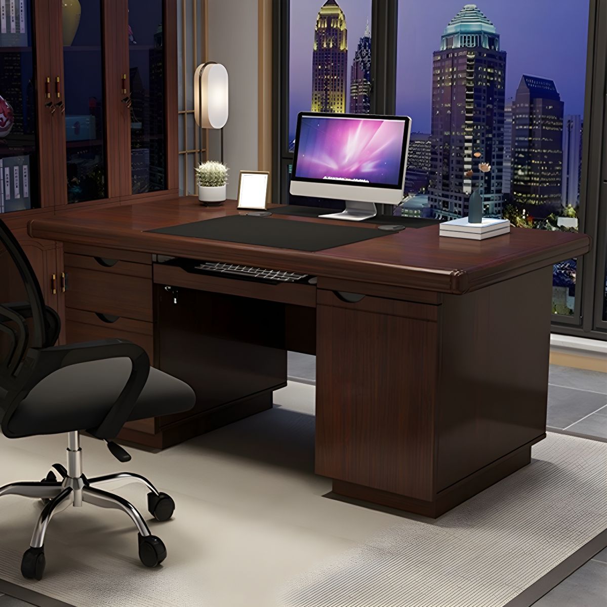 Modern Brown Wood Square Office Desk with Built-in Cable Management and ...