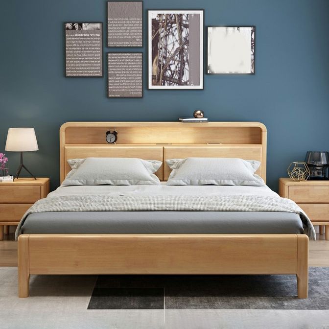 Scandinavian Natural Solid Wood Bed Frame with Light and Rectangle ...
