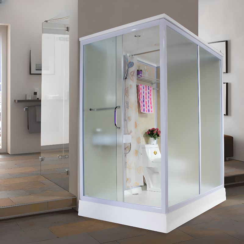 Rectangle Shower Enclosure in White with Stone Wall Panel and Drain, 67 ...