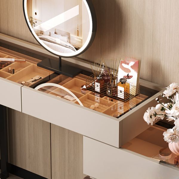 full length mirror dressing table design Contemporary Large Vanity Set with Vitreous Top, White Seating, 8 Drawers, and LED Lighting System, Walnut, Makeup Vanity (43