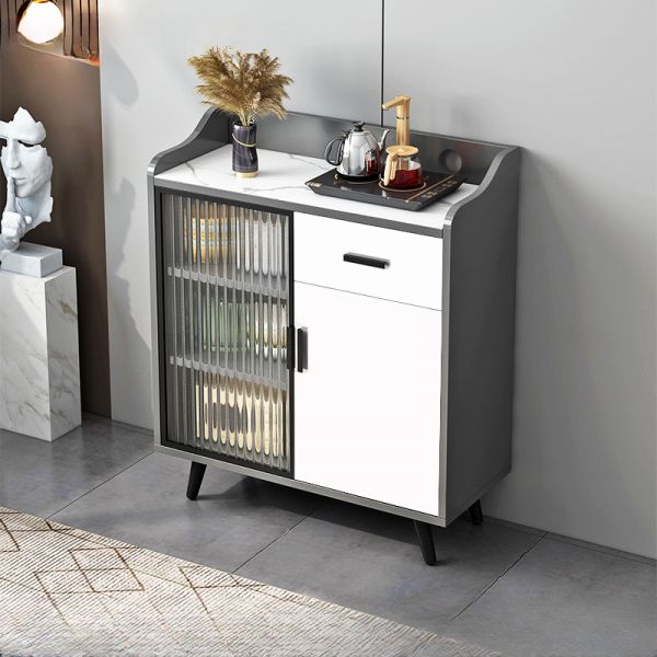 Sideboard mit Schublade, Steintischplatte, Weiß, Glastür, Verstellbares Regal, Schmal, Aufsatz, 61cm L x 41cm B x 94cm H