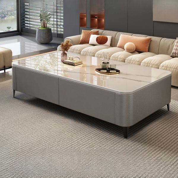 Pu Polster Rechteckiger Brettspiel-Couchtisch mit 2 Schubladen, Grau, Weiß, 119 cm L x 61 cm B x 38 cm H