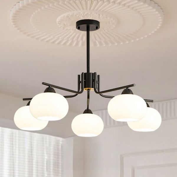 5灯シャンデリア、下向き白ガラスシェード、LED/白熱/蛍光灯対応、住宅