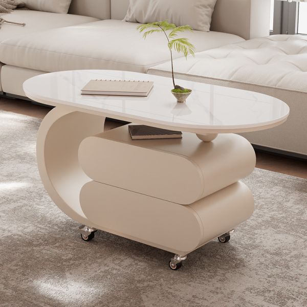 Rollbarer Beistelltisch mit Schwenkrädern, 2 Schubladen und ovaler Platte, Creme, Weiß, 119 cm L x 61 cm B x 46 cm H
