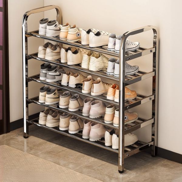 Metallisches 5-stufiges Sneaker-Regal mit Ablage, Legierungsmaterial, freistehendes modernes Design, 66 cm L x 23 cm B x 79 cm H