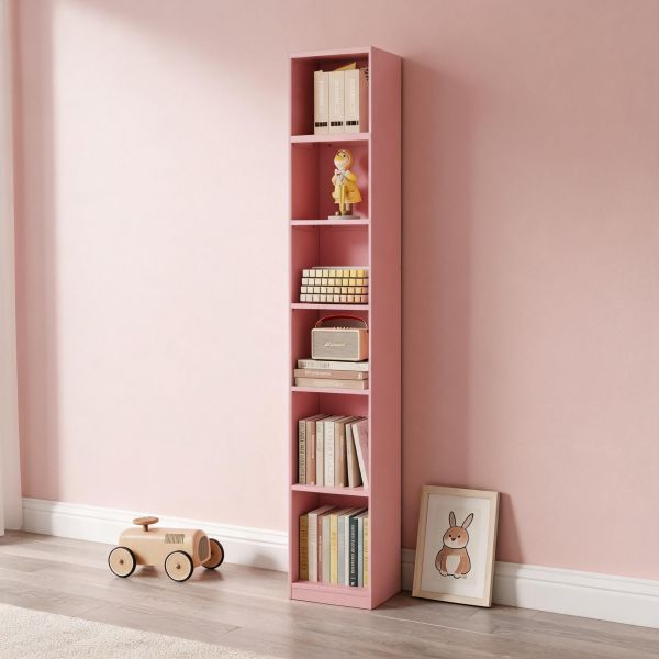 6-stufiges 61 cm breites hohes offenes Bücherregal aus rosa Stahl, breites Display- und Aufbewahrungsregal für Bücher, Deko und Ordnung im Zuhause