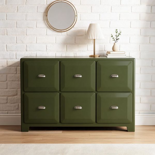 Olive Green 3 Column 6 Drawer Metal Dresser, Wide Low Storage Cabinet for Bedroom Storage or Living Room Display