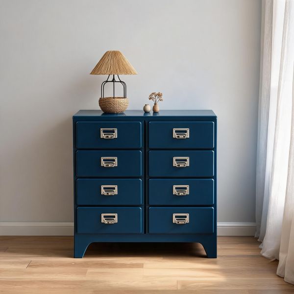 Steel Blue 8-Drawer Plastic Double Dresser Organizer, Vertical Storage Cabinet for Bedroom, Nursery, or Small Spaces