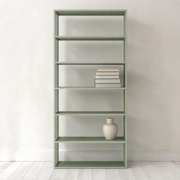 61 cm breites 6-stufiges Eisen-Bücherregal in Salbeigrün, extrahohes offenes Regal mit Mesh-Seiten für vertikale Präsentation und Aufbewahrung