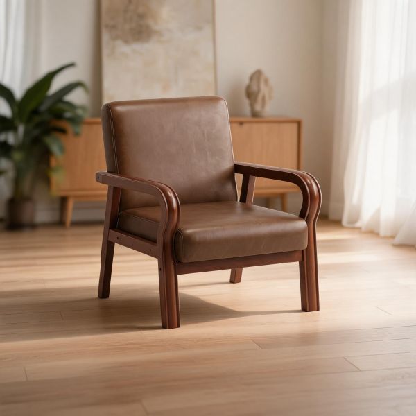 Brauner Sessel aus Kunstleder mit geschwungenen Massivholzarmlehnen und Walnuss-Finish für Wohnzimmer, Schlafzimmer, Arbeitszimmer oder Leseecke