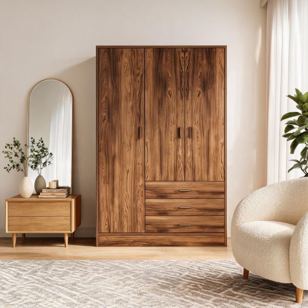 Holz-Kleiderschrank 99 cm breit mit 3 Schubladen, freistehender Schrank aus Holzwerkstoff