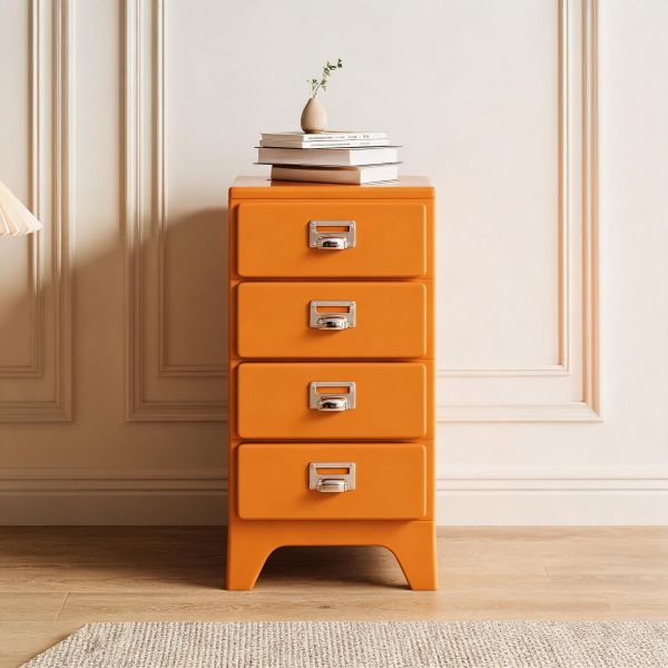 Leuchtend orangefarbene Kunststoff-Kommode mit 4 Schubladen und Standardfüßen, hoher schmaler Aufbewahrungsschrank für Schlafzimmer und kleine Räume
