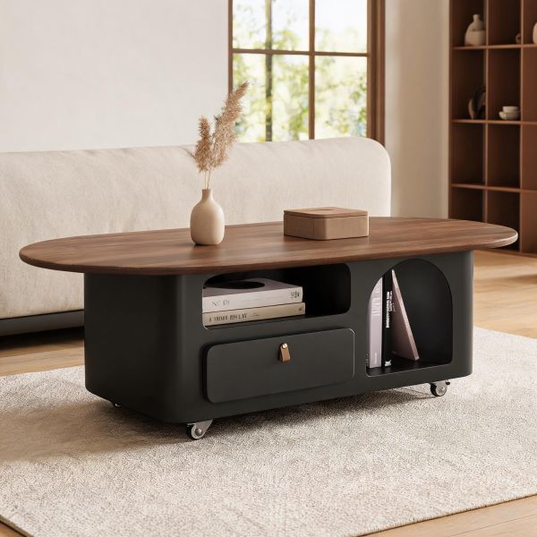 lakiq Couchtisch in Schwarz mit flacher Walnussplatte für Käufer, die Couchtische vergleichen