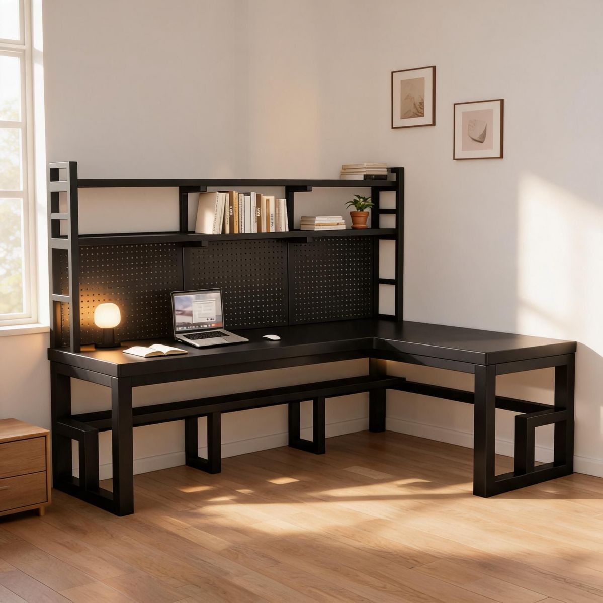 Black Frame Corner Desk with 3 Tier Shelf Storage and Light Walnut ...